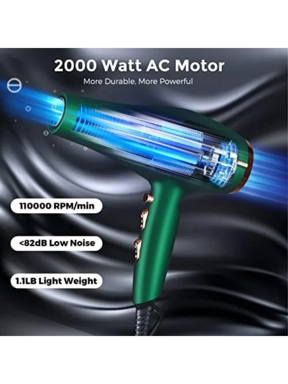 2000W Ionic Hair Dryer - Professional Low Noise Blow Dryer with Diffuser, 3 Heat
